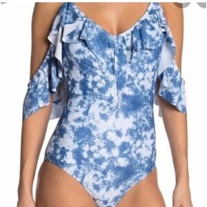 Nicole Miller $128 L Blue Tie Dye Ruffle Cold Shoulder One Piece Swimsuit